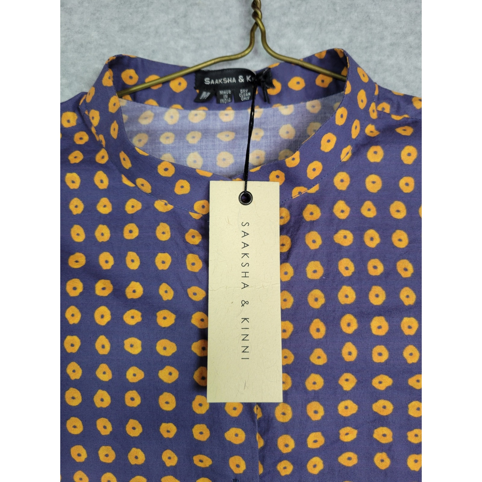 Saaksha & Kinni Indigo Gold Polka Dot Mandarin Collar Button Down Shirt Blouse M — image 3 of 8